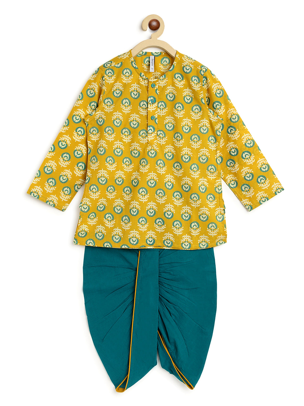 Campana Boys Bansi Dhoti Kurta Set - Round Flower Print - Mustard and Teal