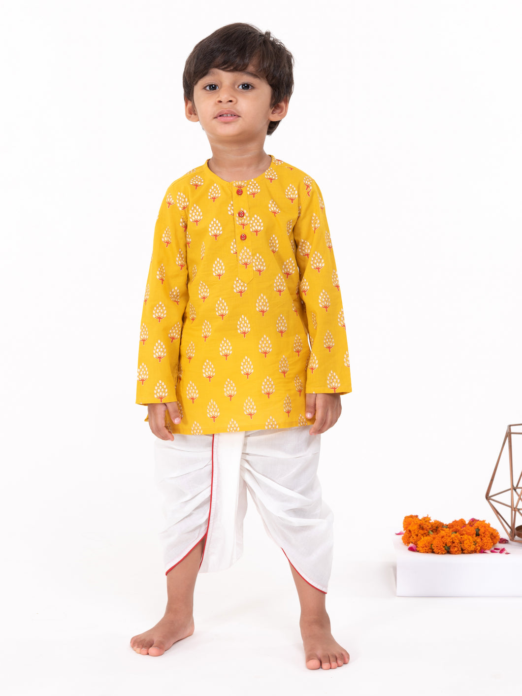 Campana Boys Bansi Dhoti Kurta Set - Tree Motif - Mustard and Off White