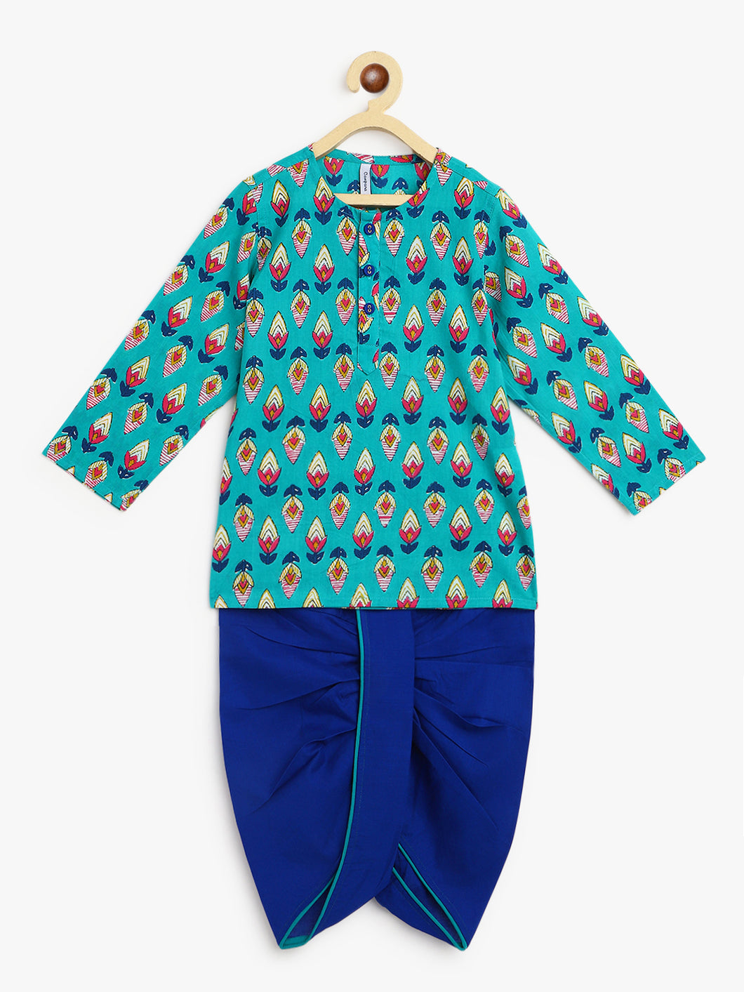 Campana Boys Bansi Dhoti Kurta Set - Flower Bud Print - Teal and Ink Blue