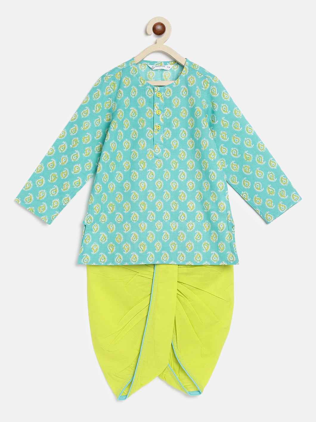 Campana Boys Bansi Dhoti Kurta Set - Paisley Print - Turquoise & Lime Green