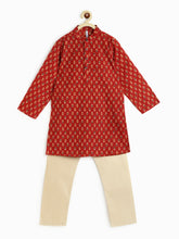 Load image into Gallery viewer, Campana Boys Palash Kurta Pyjama Set - Kantha Block Print - Maroon &amp; Beige
