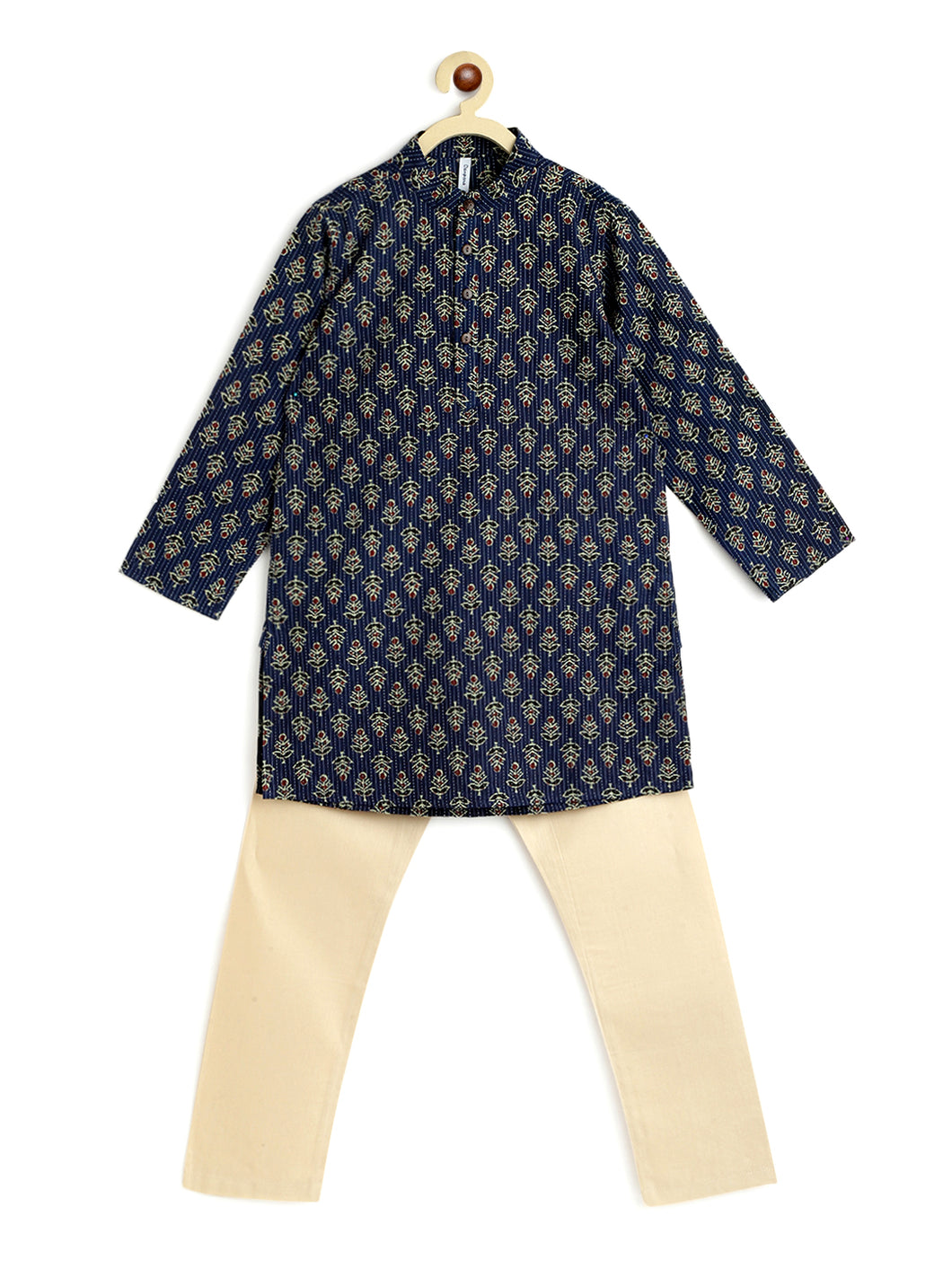 Campana Boys Palash Kurta Pyjama Set - Kantha Block Print - Indigo & Beige