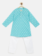 Load image into Gallery viewer, Campana Boys Mrinal Kurta Pyjama Set - Small Flower Motif - Blue &amp; White
