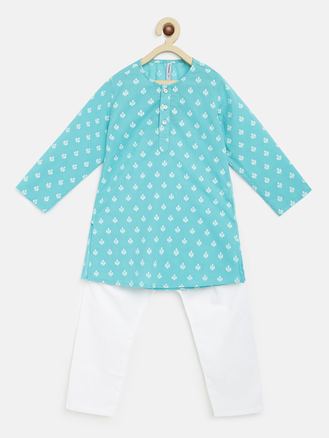 Campana Boys Mrinal Kurta Pyjama Set - Small Flower Motif - Blue & White