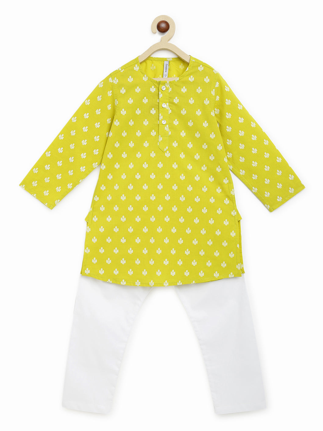 Campana Boys Mrinal Kurta Pyjama Set - Small Flower Motif - Lime Green & White