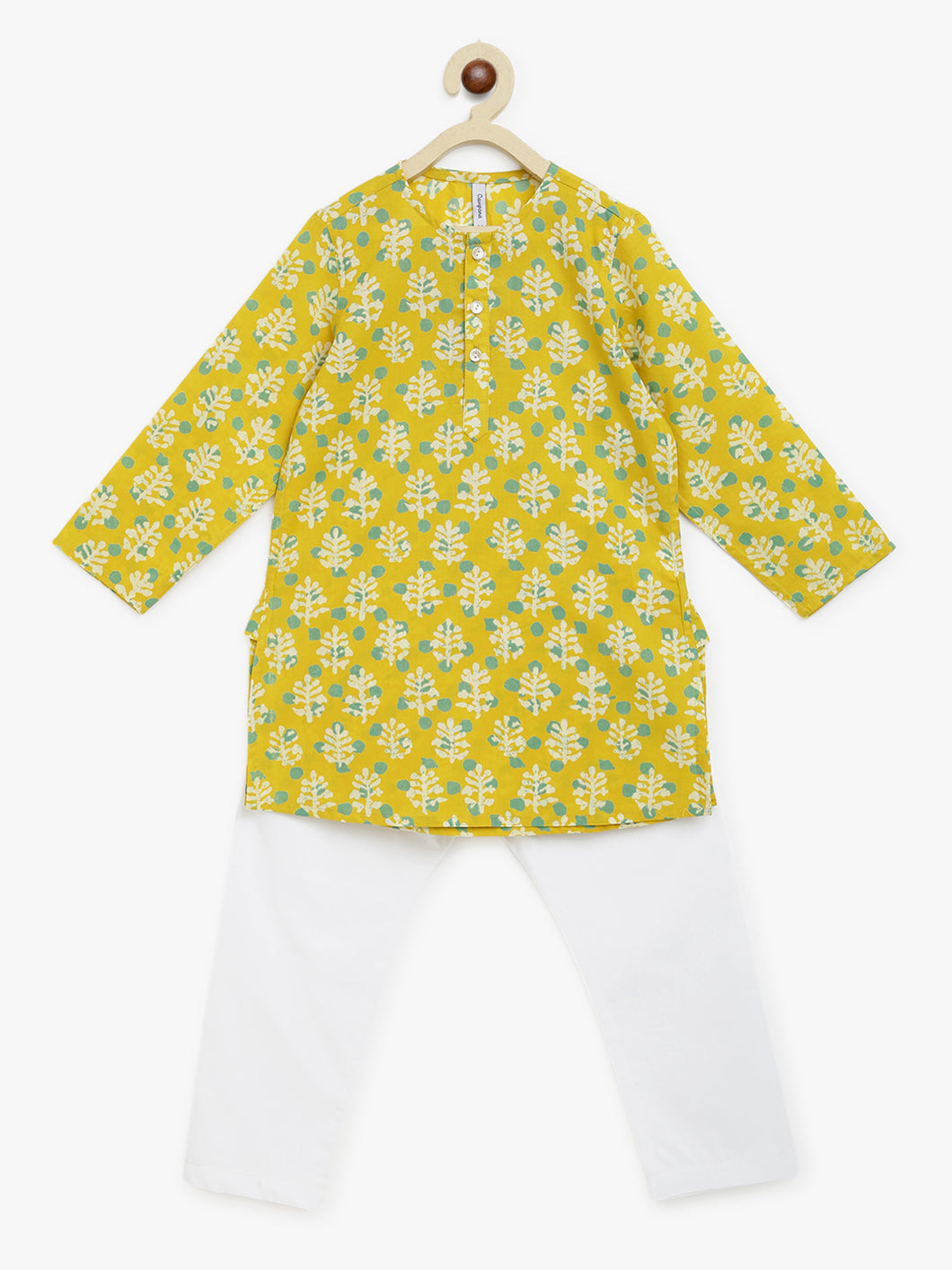 Campana Boys Mrinal Kurta Pyjama Set - Block Print - Mustard & White