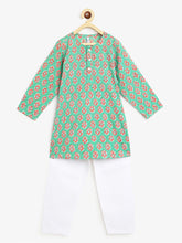 Load image into Gallery viewer, Campana Boys Mrinal Kurta Pyjama Set - Block Print - Sage Green &amp; White
