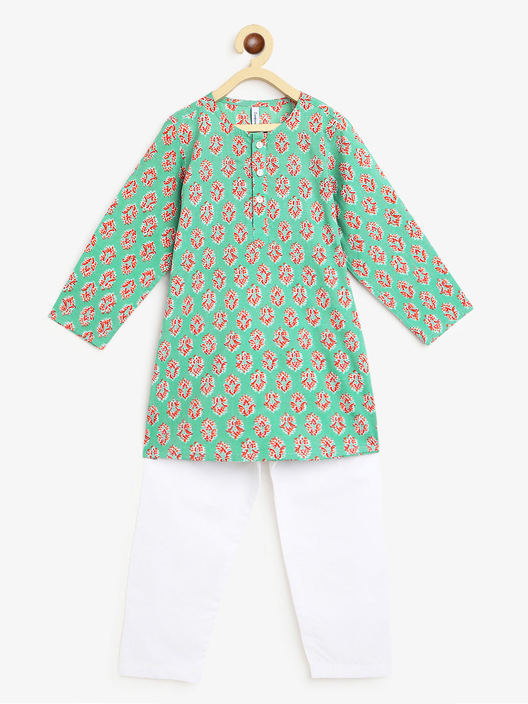 Campana Boys Mrinal Kurta Pyjama Set - Block Print - Sage Green & White