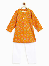 Load image into Gallery viewer, Campana Boys Mrinal Kurta Pyjama Set - Wild Flower Motif - Mustard &amp; White
