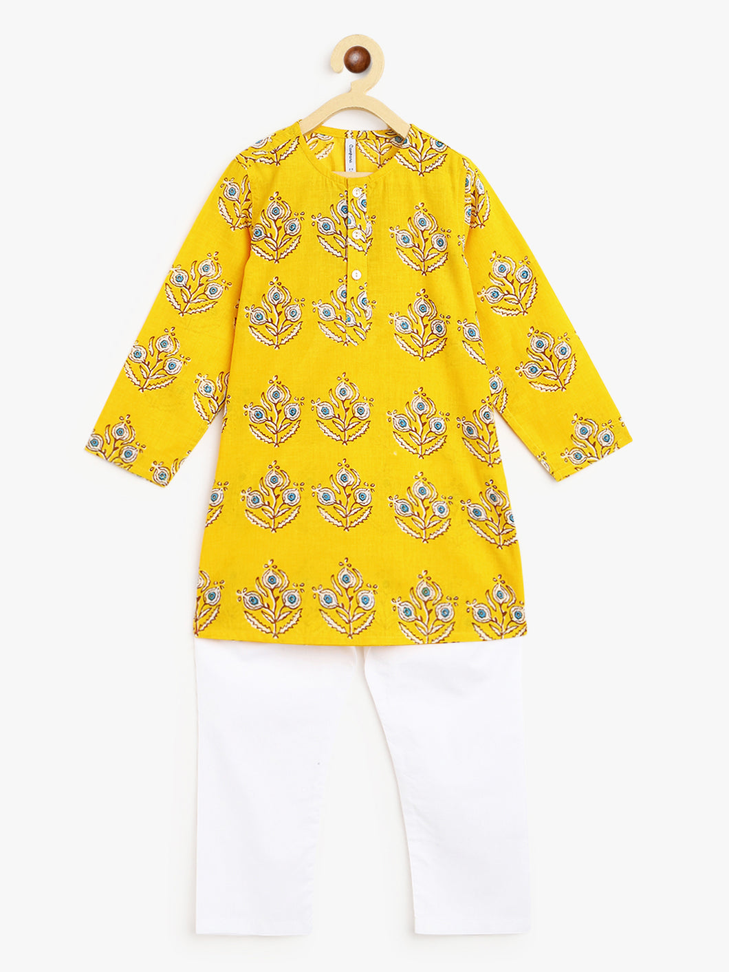 Campana Boys Mrinal Kurta Pyjama Set - Big Motif - Lemon Yellow & White
