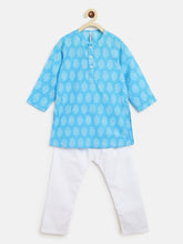 Load image into Gallery viewer, Campana Boys Mrinal Kurta Pyjama Set - Block Print - Sky Blue &amp; White
