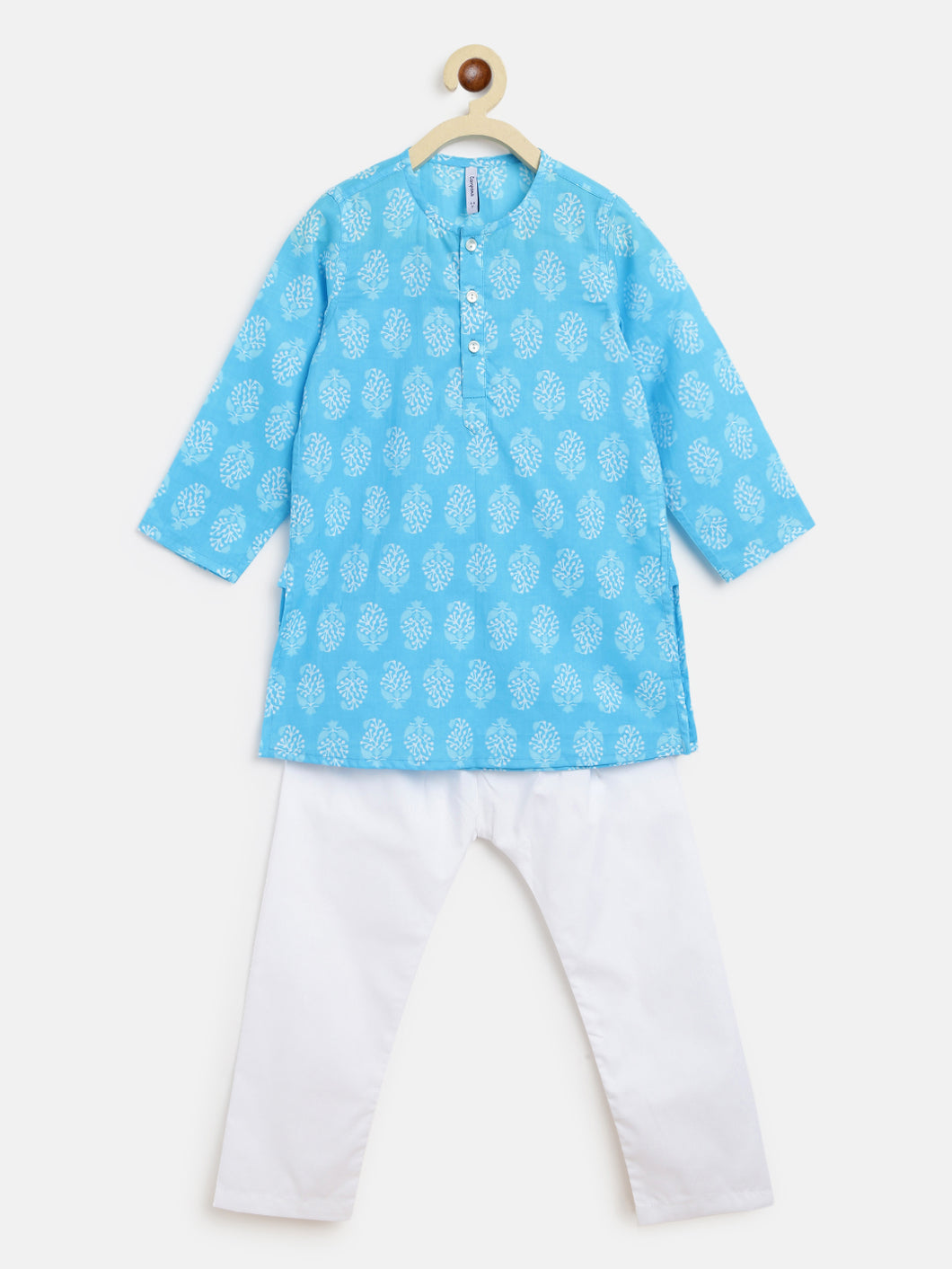 Campana Boys Mrinal Kurta Pyjama Set - Block Print - Sky Blue & White