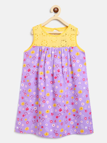 Campana Girls Alice Dress with Yoke - Floral Print - Purple & Yellow