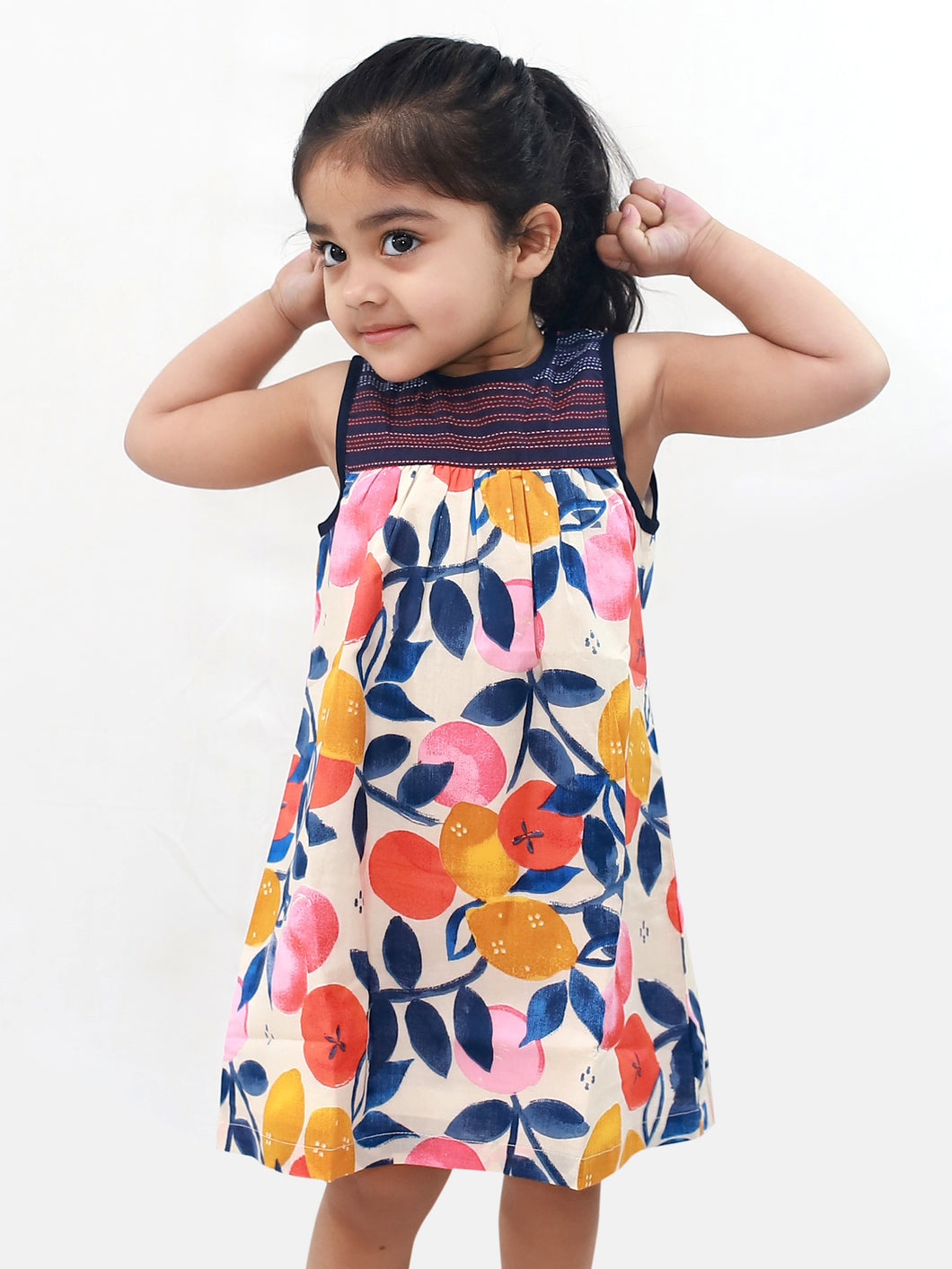 Campana Girls Alice High Yoke Dress - Lemons & Peaches Print - Navy Blue & Peach