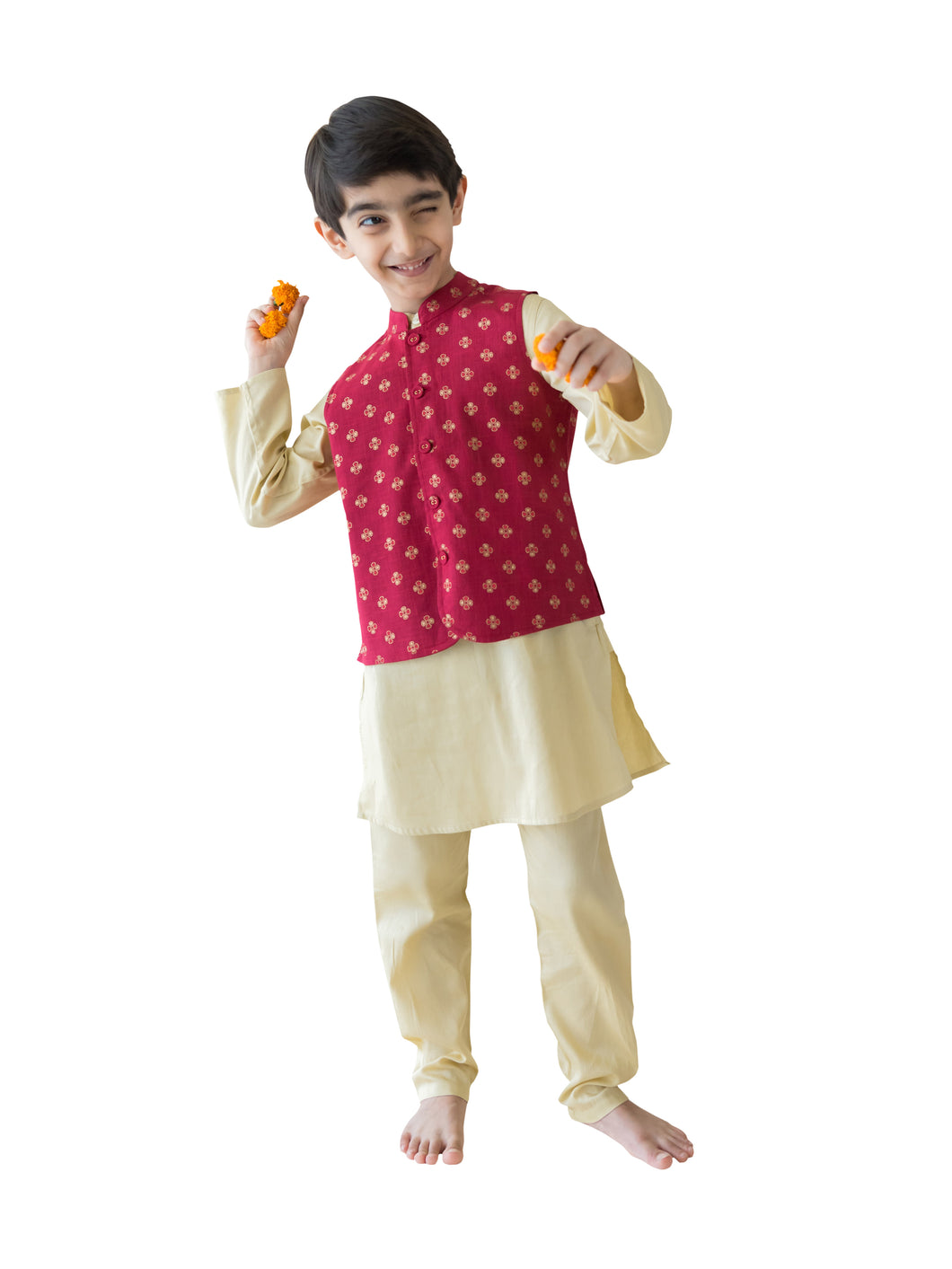 Campana Boys Kurta Pyjama & Jacket Set - Gold & Red