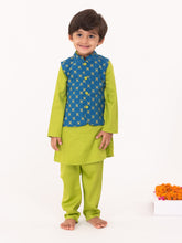 Load image into Gallery viewer, Campana Boys Nishant Kurta Set with Jacket - Geometric Print - Lime Green &amp; Petrol Blue
