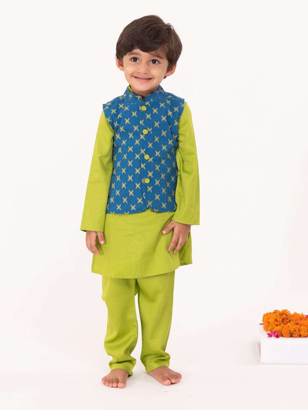 Campana Boys Nishant Kurta Set with Jacket - Geometric Print - Lime Green & Petrol Blue