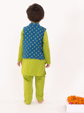 Load image into Gallery viewer, Campana Boys Nishant Kurta Set with Jacket - Geometric Print - Lime Green &amp; Petrol Blue
