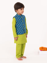 Load image into Gallery viewer, Campana Boys Nishant Kurta Set with Jacket - Geometric Print - Lime Green &amp; Petrol Blue
