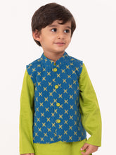 Load image into Gallery viewer, Campana Boys Nishant Kurta Set with Jacket - Geometric Print - Lime Green &amp; Petrol Blue
