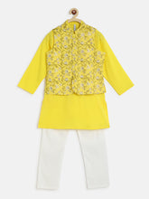 Load image into Gallery viewer, Campana Boys Nishant Kurta Set with Jacket - Floral Jaal Print - Yellow and Off-White
