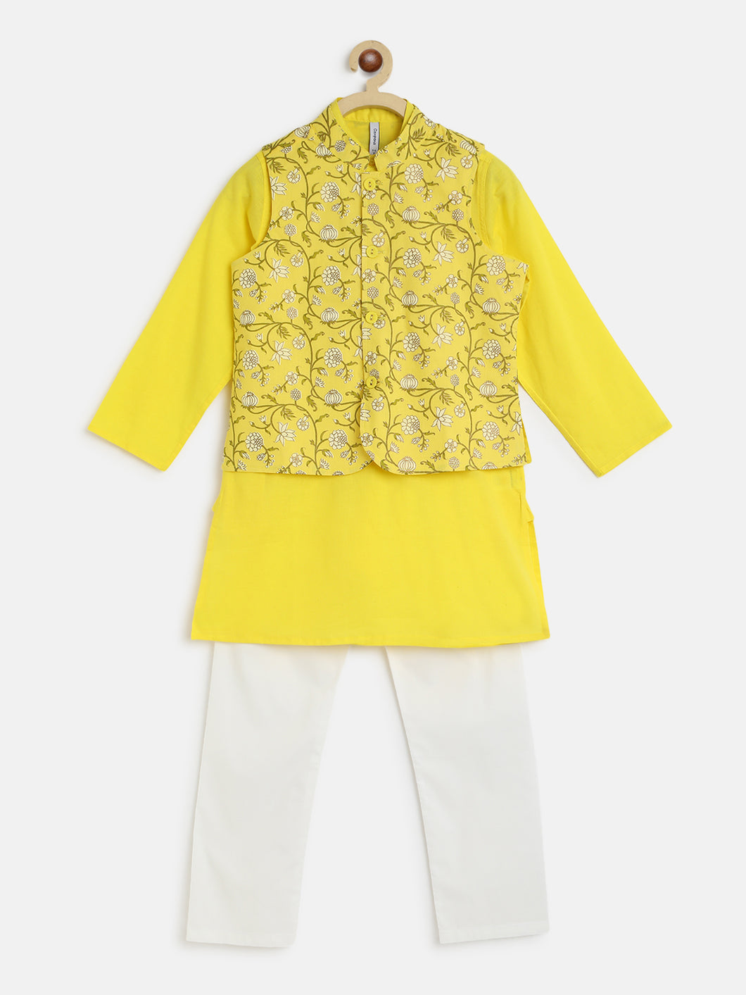 Campana Boys Nishant Kurta Set with Jacket - Floral Jaal Print - Yellow and Off-White