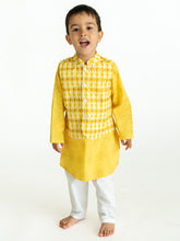 Load image into Gallery viewer, Campana Boys Nishant Kurta Set with Jacket - Geometric Print - Yellow and White
