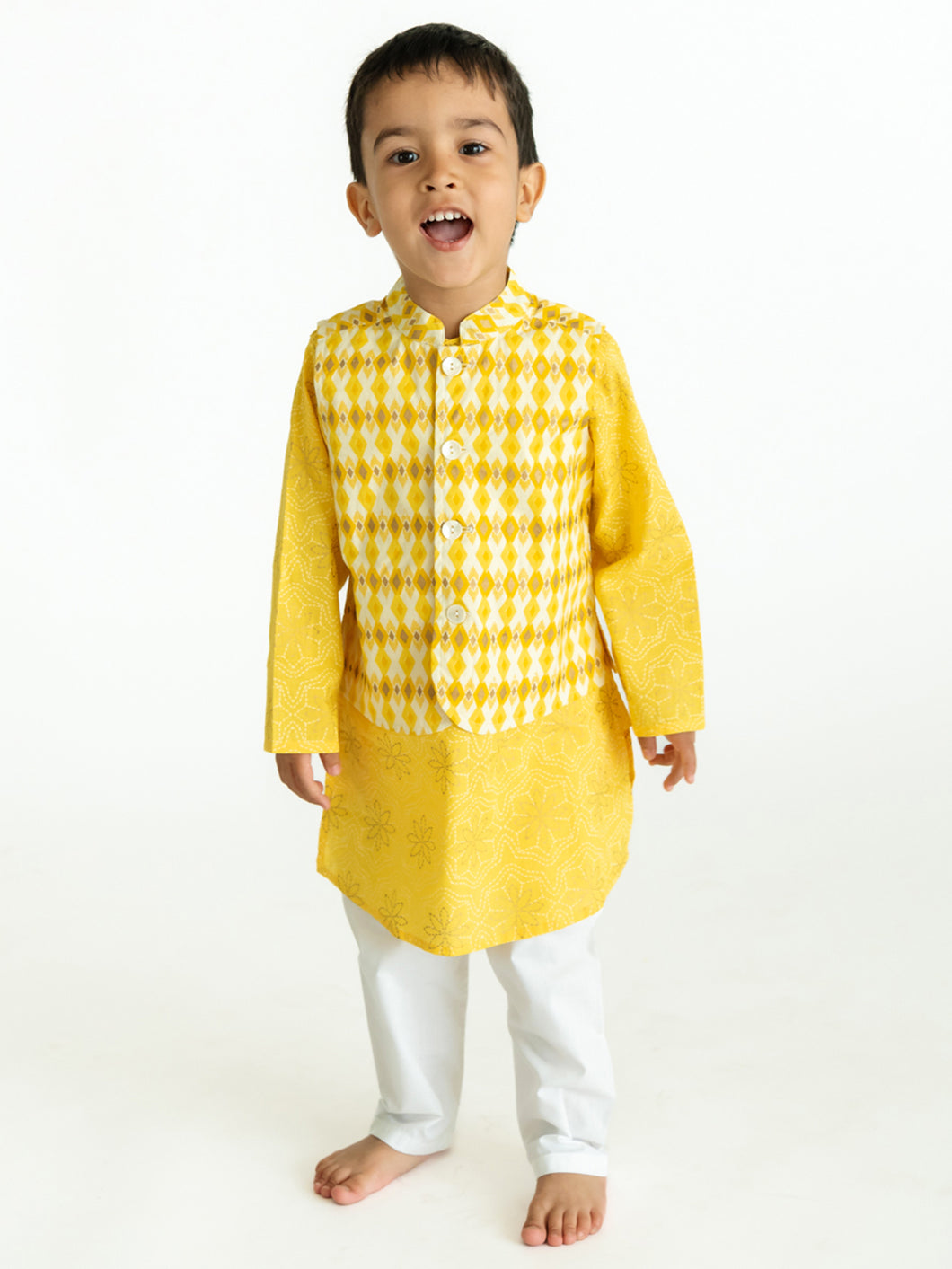 Campana Boys Nishant Kurta Set with Jacket - Geometric Print - Yellow and White