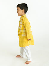 Load image into Gallery viewer, Campana Boys Nishant Kurta Set with Jacket - Geometric Print - Yellow and White
