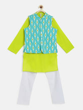 Load image into Gallery viewer, Campana Boys Nishant Kurta Set with Jacket - Ikkat Print - Lime Green &amp; Turquoise Blue
