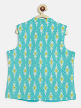 Load image into Gallery viewer, Campana Boys Nishant Kurta Set with Jacket - Ikkat Print - Lime Green &amp; Turquoise Blue
