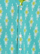 Load image into Gallery viewer, Campana Boys Nishant Kurta Set with Jacket - Ikkat Print - Lime Green &amp; Turquoise Blue
