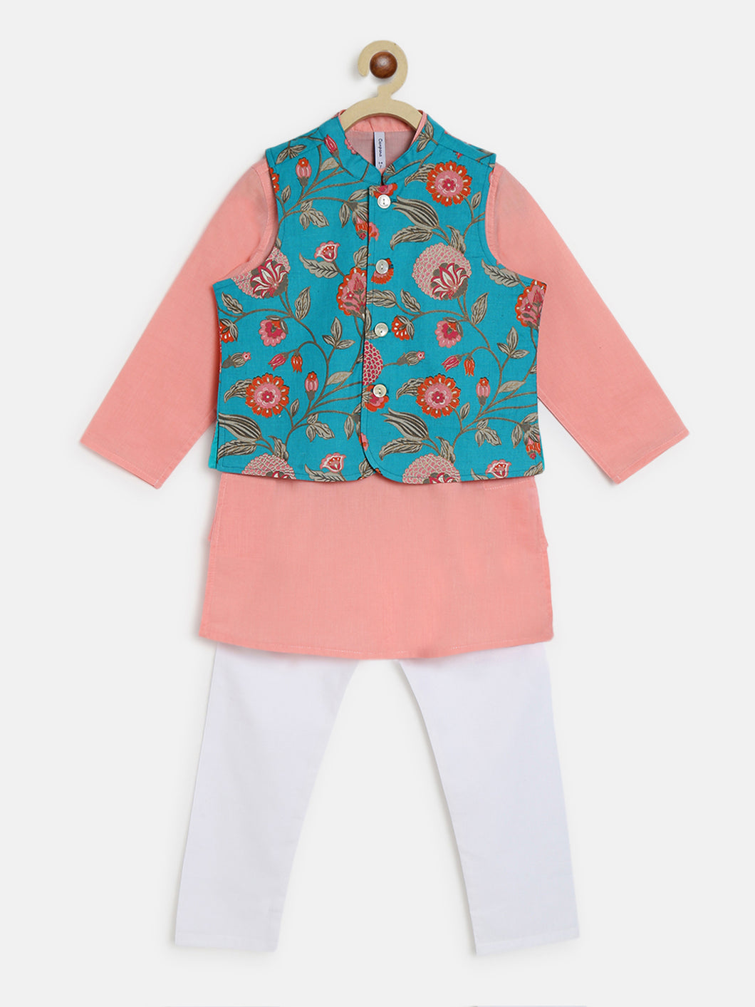 Campana Boys Nishant Kurta Set with Jacket - Floral Print - Blue & Pink