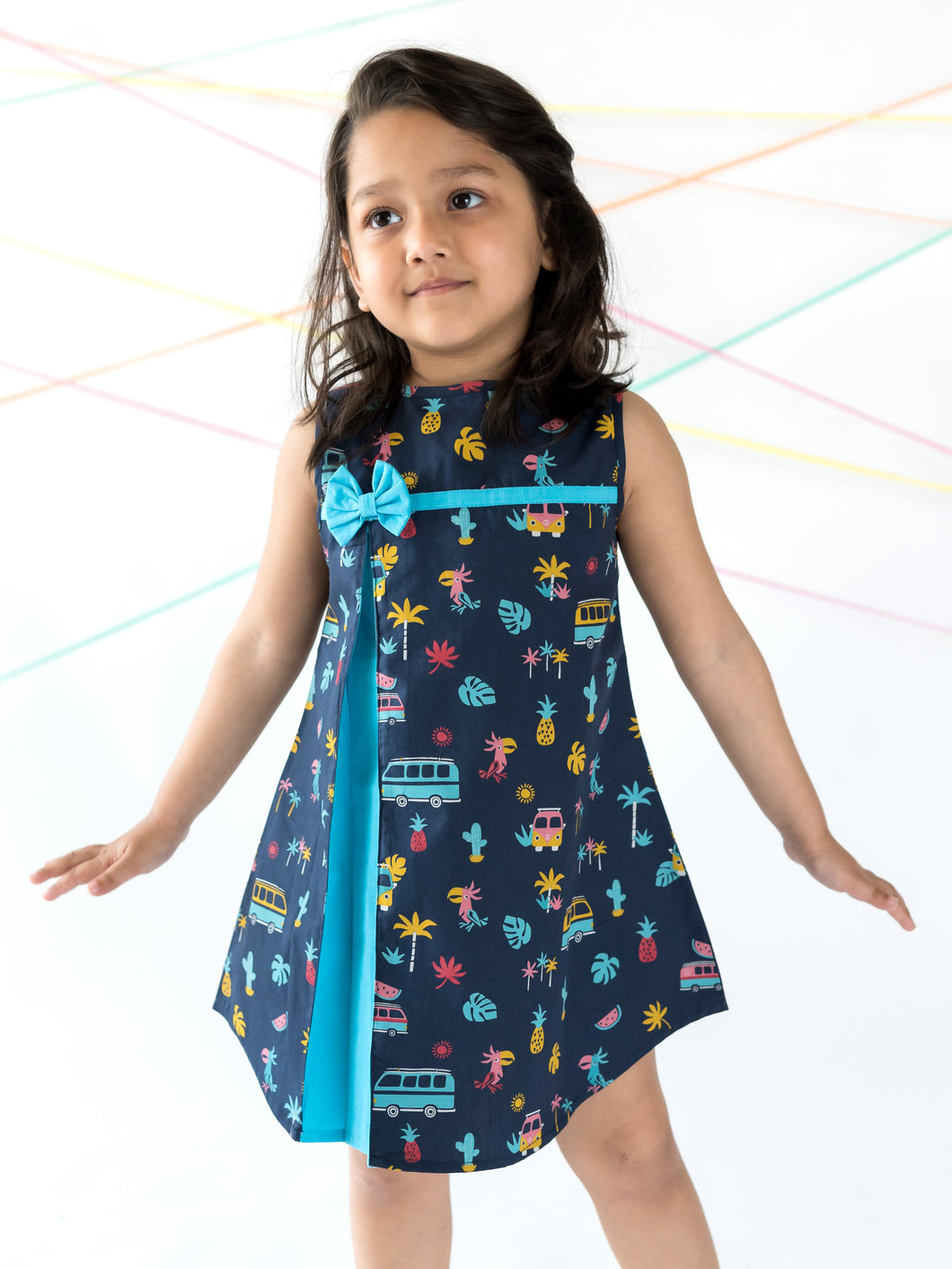 Campana Girls Jackie Front Pleat Dress - Campervan Print - Navy