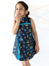 Load image into Gallery viewer, Campana Girls Jackie Front Pleat Dress - Campervan Print - Navy

