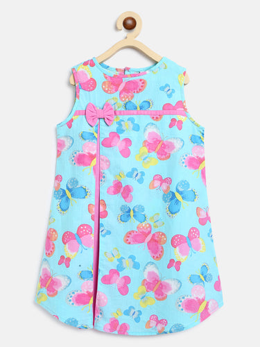 Campana Girls Jackie Front Pleat Dress - Butterflies Print - Pink & Blue