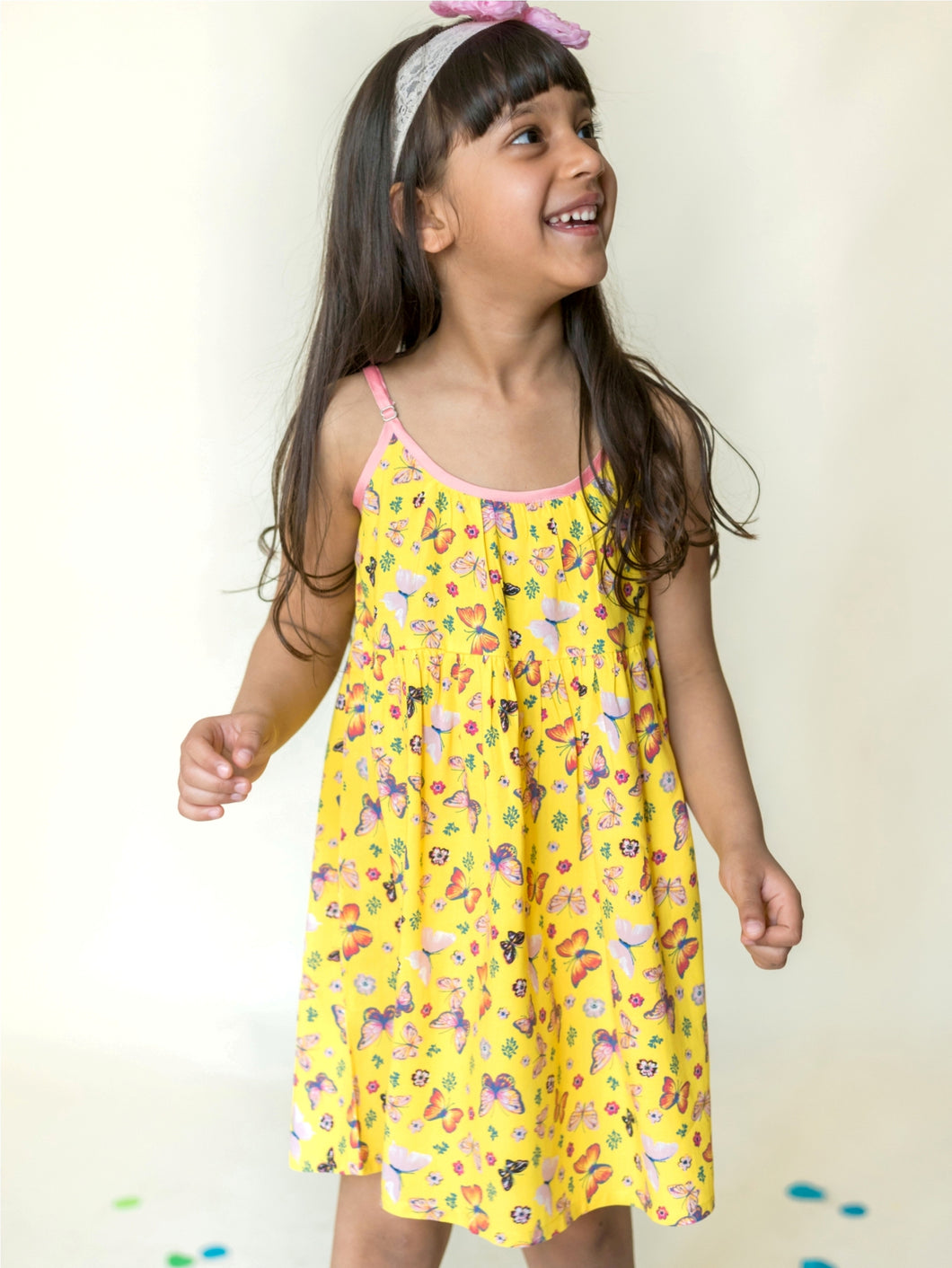 Campana Girls Julia Strappy Dress -Butterflies Print - Yellow