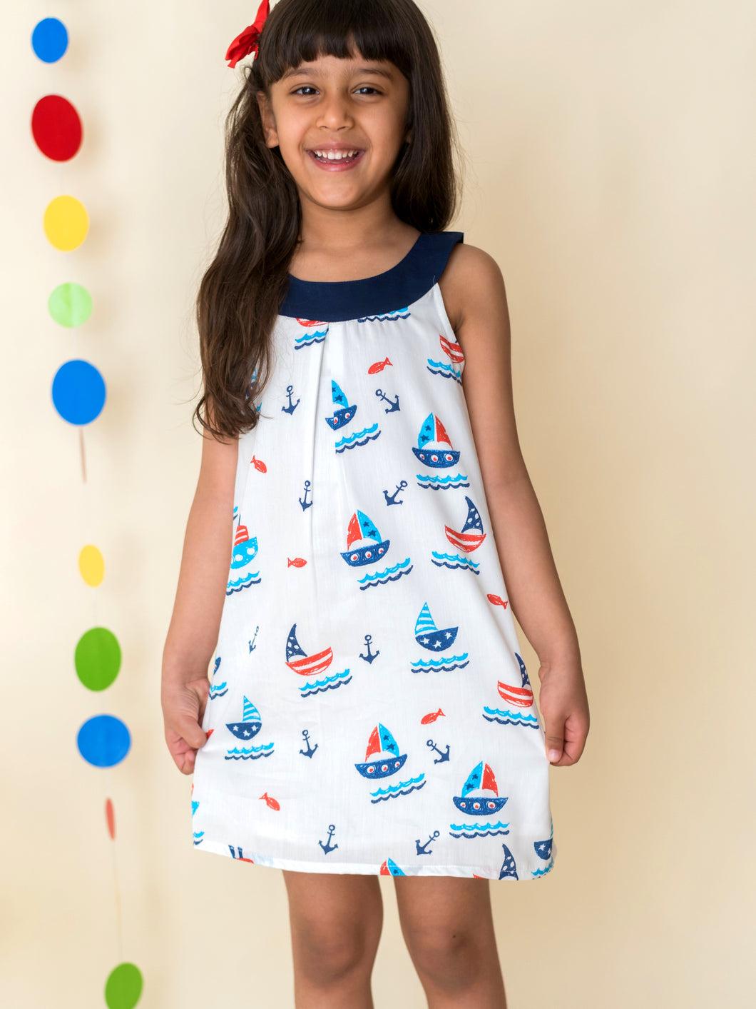 Campana Girls Round Neck Shift Dress - Nautical Print (CK26711)