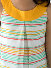 Load image into Gallery viewer, Campana Girls Joni Round Neck Shift Dress - Beach Stripes - Mint &amp; Mustard, Yellow Dress, Summer Dress, White Dress
