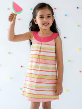 Load image into Gallery viewer, Campana Girls Joni Round Neck Shift Dress - Candy Stripes - Pink &amp; Green
