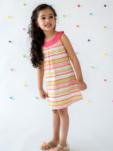 Load image into Gallery viewer, Campana Girls Joni Round Neck Shift Dress - Candy Stripes - Pink &amp; Green
