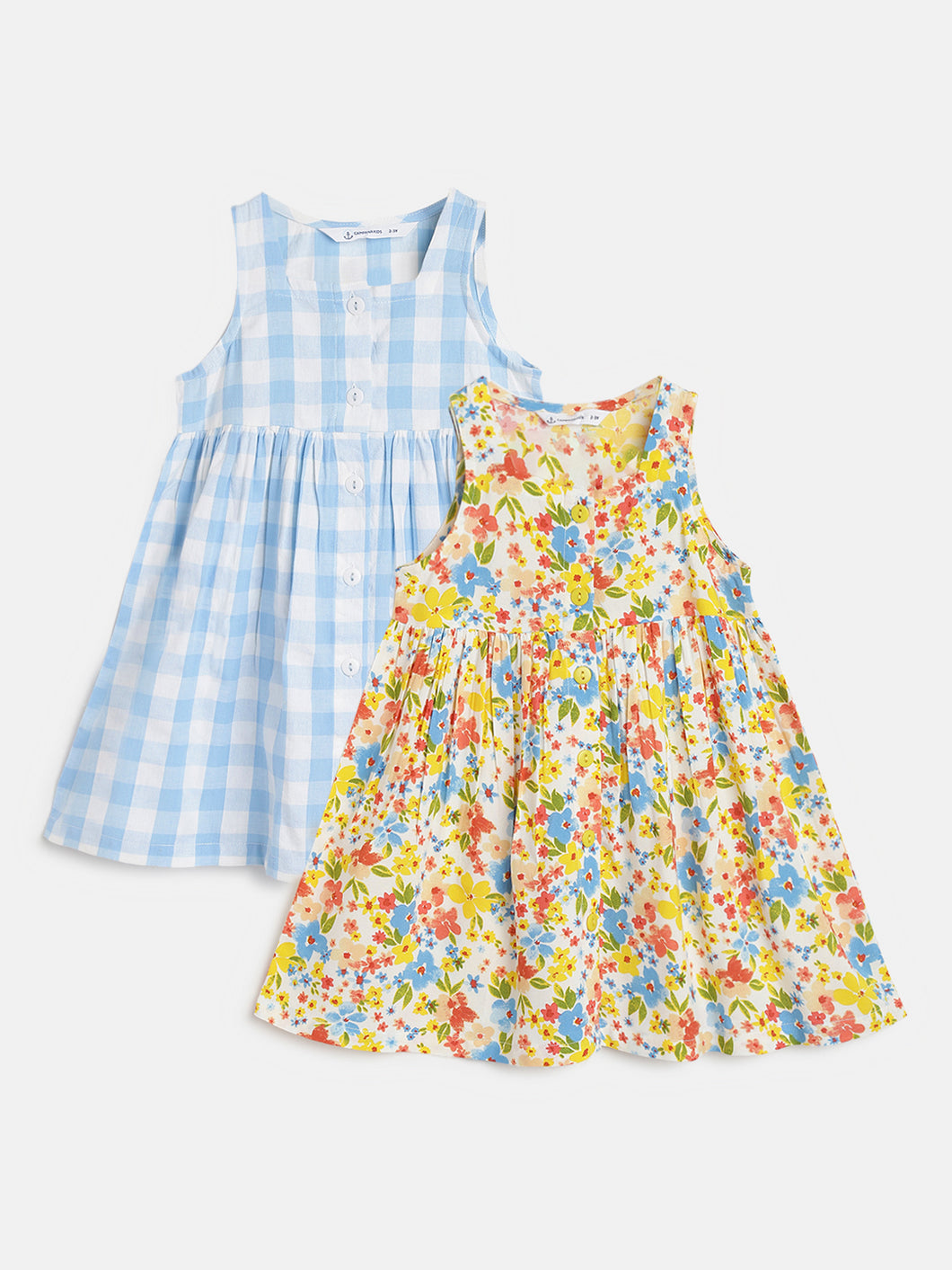 Campana Girls Amy Sleeveless Dresses - Pack of Two - Sky Blue & Multicolour