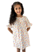 Load image into Gallery viewer, Campana Girls Ashley Frilly Sleeve Dress - Mini Flower Print - White &amp; Multicolour, White Dress, Printed dress, frock, summer dress, white dress
