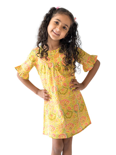 Campana Girls Ashley Frilly Sleeve Dress - Floral Trellis Print - Lime Green, Yellow Dress, Summer Dress, Cotton Dress, dress frock