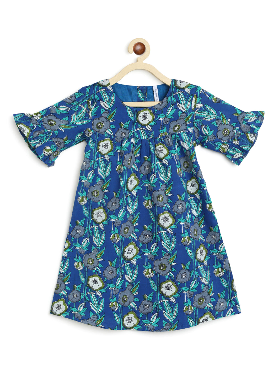 Campana Girls Ashley Frilly Sleeve Dress - Flower Stalk Print - Ink Blue & Sea Green