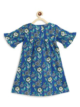 Load image into Gallery viewer, Campana Girls Ashley Frilly Sleeve Dress - Flower Stalk Print - Ink Blue &amp; Sea Green
