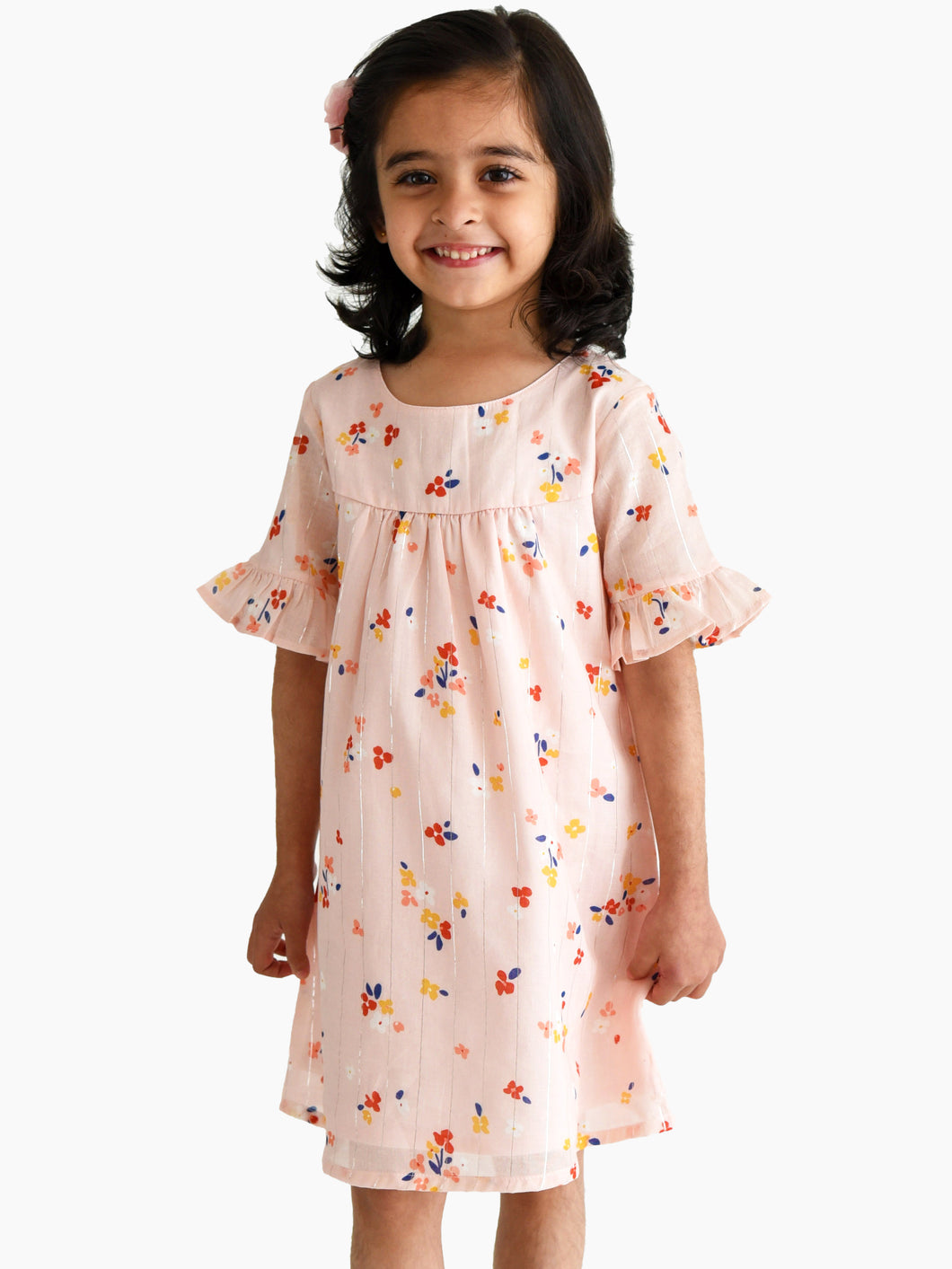 Campana Girls Ashley Frilly Sleeve Dress - Flower Scatter Print - Pink & Multicolour