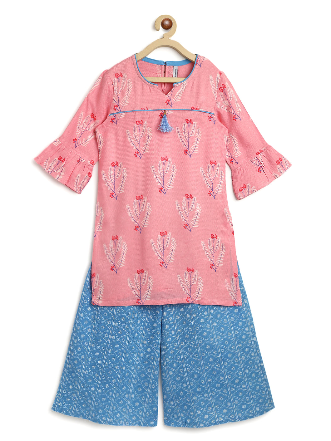 Campana Girls Anusuya Kurta-Palazzo Set - Fern Print - Pink and Blue