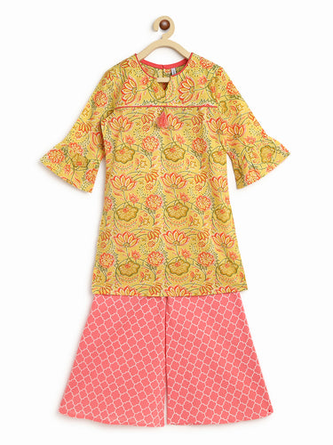 Campana Girls Anusuya Kurta-Palazzo Set - Floral Trellis Print - Lime Green and Pink