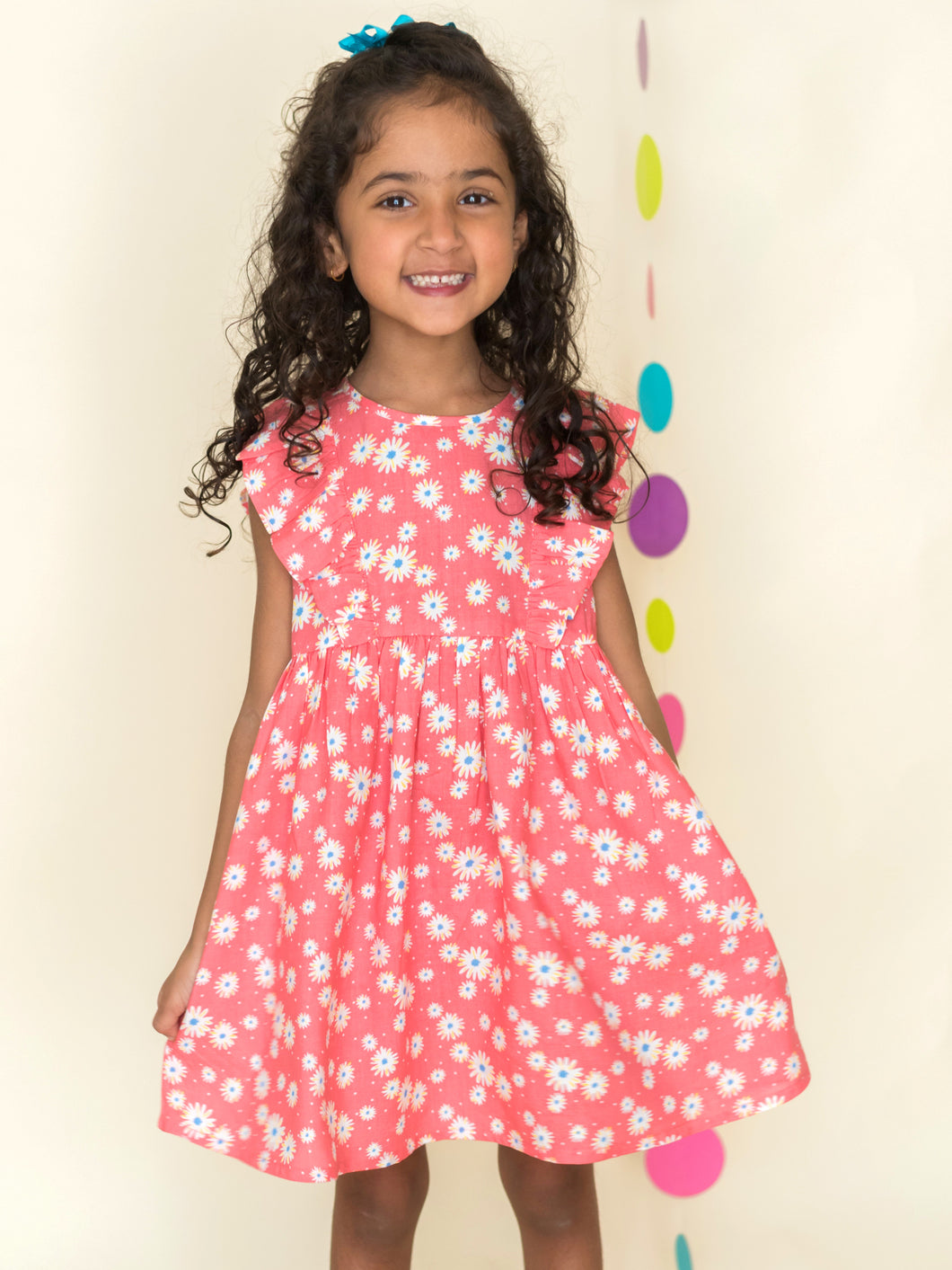 Campana Girls Frilly Dress - Pink Flowers, Pink Dress, Summer Dress, Frock, Print Dress